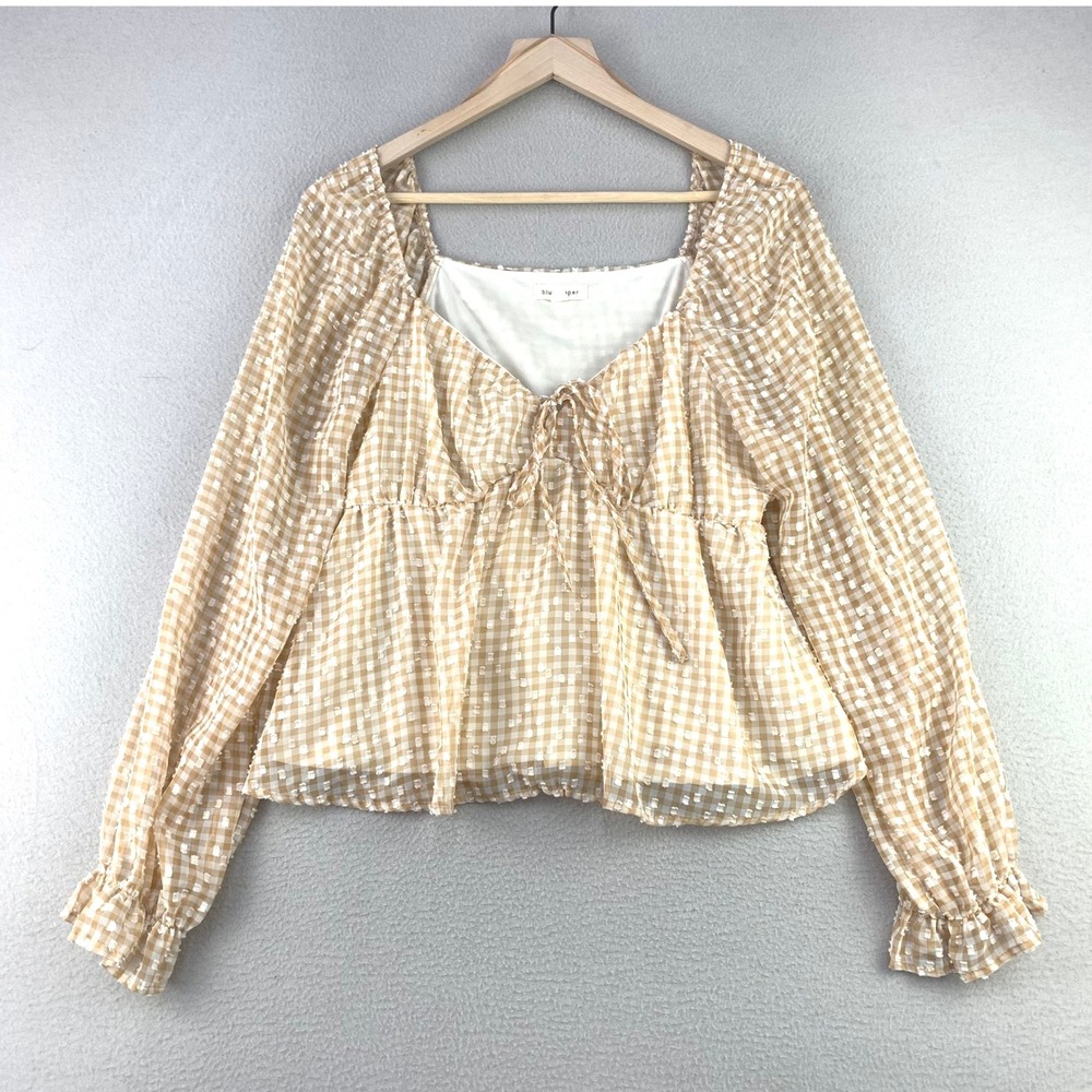 blu pepper Gingham Peplum Top Women L Tan Cottagecore Tie Front Long Sleeve - Picture 1 of 9
